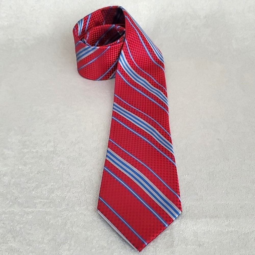 🆕️ JOS. A. BANK Signature Collection 100% Silk Red & Blue Striped Men's Tie